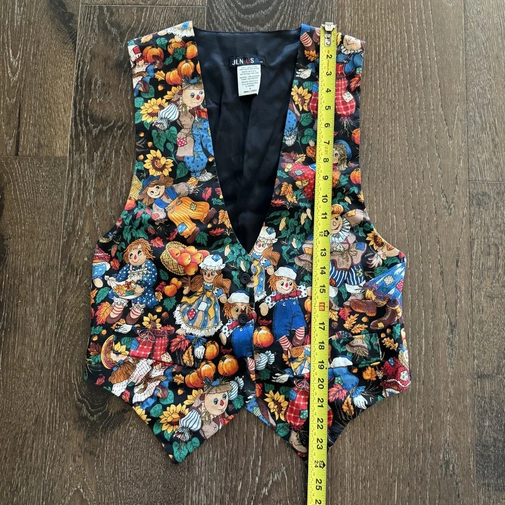 Vtg JLN USA  Vest Sz‎ S Pumpkins Raggedy Ann Like Scarecrow Fall Autumn Festive